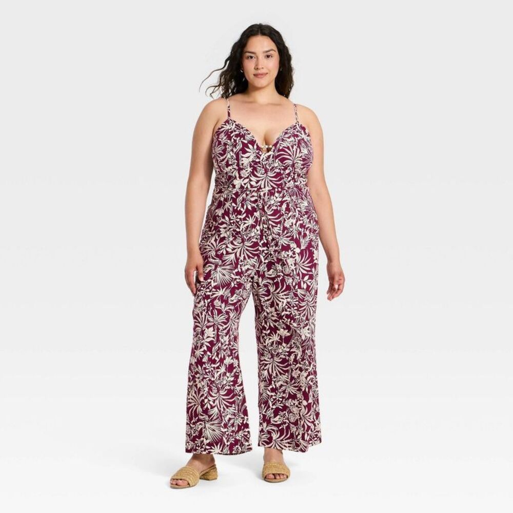 Women's Beaded Linen Jumpsuit - A New Day Burgundy Floral XXL